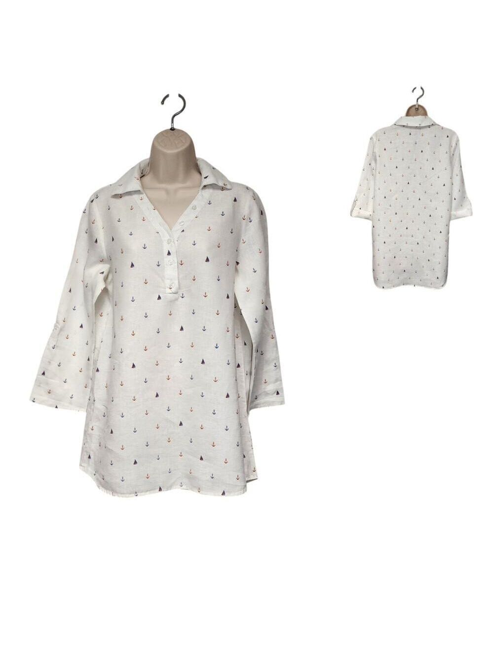 Cynthia Rowley Womens Sailboat Anchors Linen Tunic Blouse Multi-White Size Small